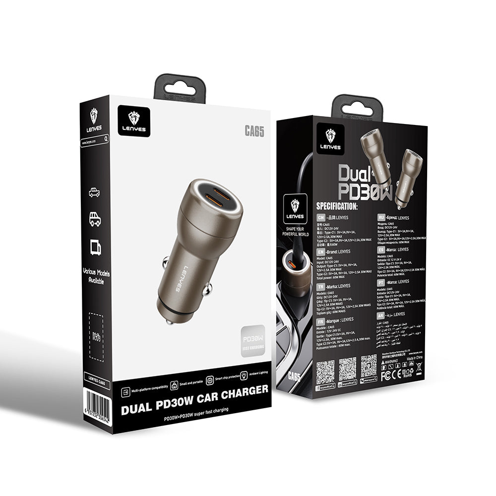 Lenyes CA65 Hızlı Şarj Özellikli Dual Type-C + Type-C Portlu PD Araç Şarj Aleti 60W