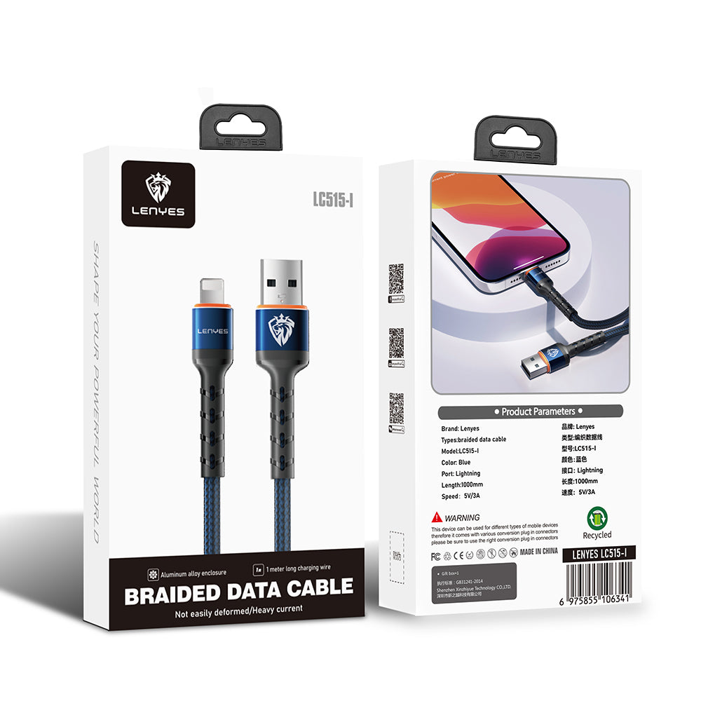 Lenyes LC515 USB-A to Lightning Hızlı Şarj Özellikli Örgülü 3A 1 Metre Data ve Şarj Kablosu