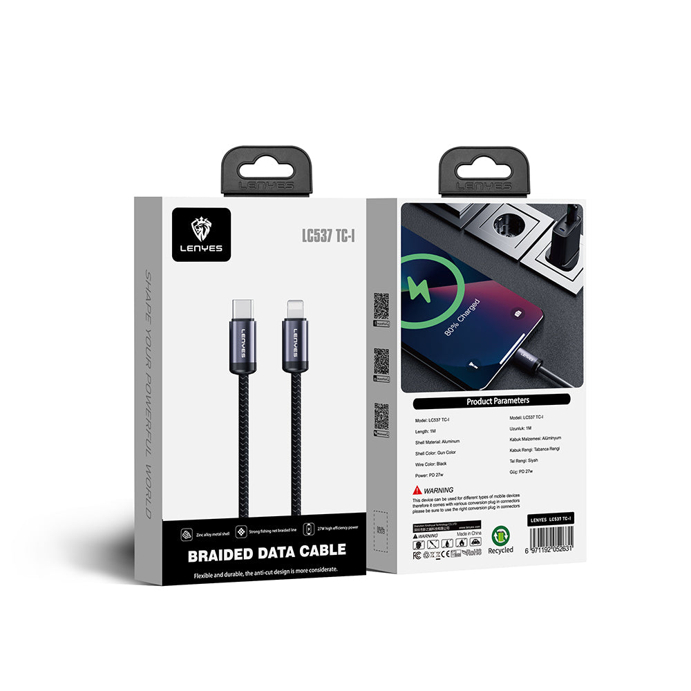 Lenyes LC537 Type-C to Lightning Hızlı Şarj Özellikli Örgülü  27W 1 Metre Data ve Şarj Kablosu