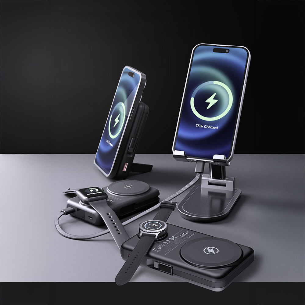Lenyes PW1003D 22.5W Dijital LED Ekranlı Akıllı Saat Kablosuz Şarj Özellikli Standlı Powerbank 15W 10000mAh