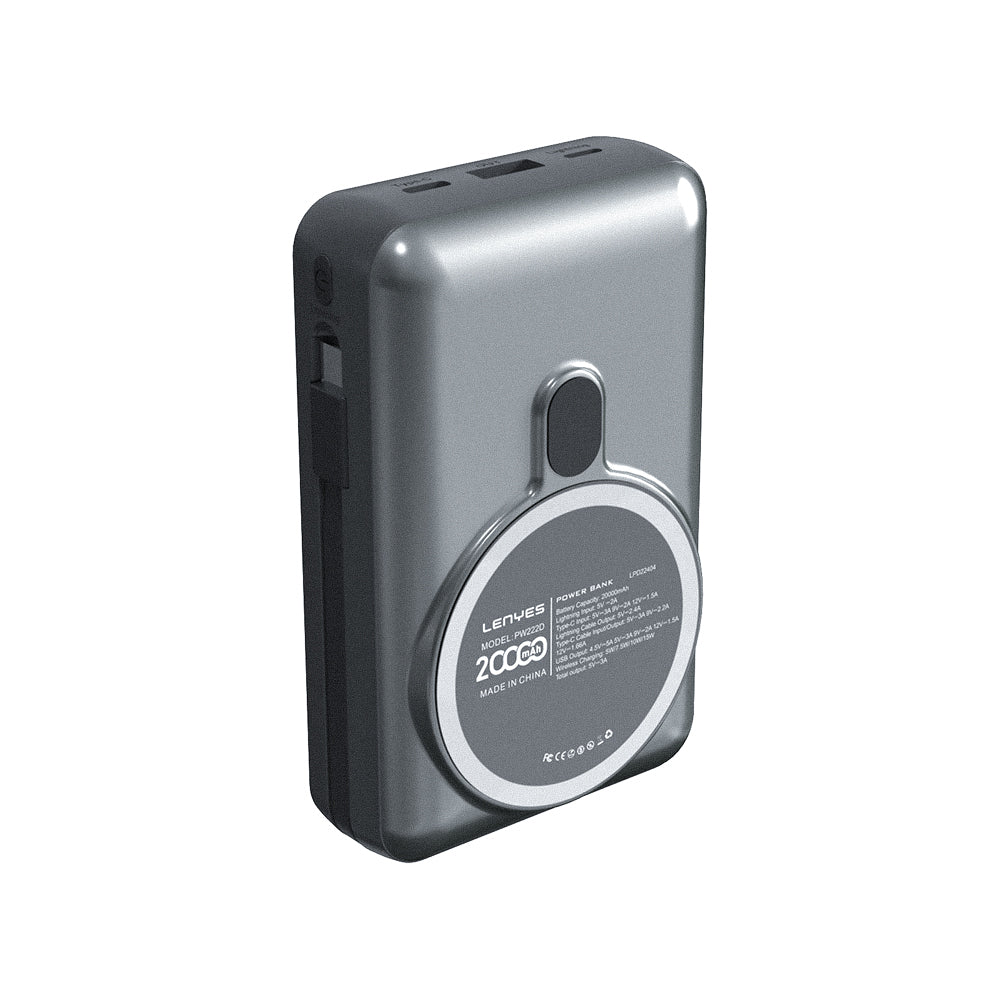 Lenyes PW222D Dijital LED Göstergeli Type-C ve Lightning Kablolu/Kablosuz Powerbank 18W 20.000mAh