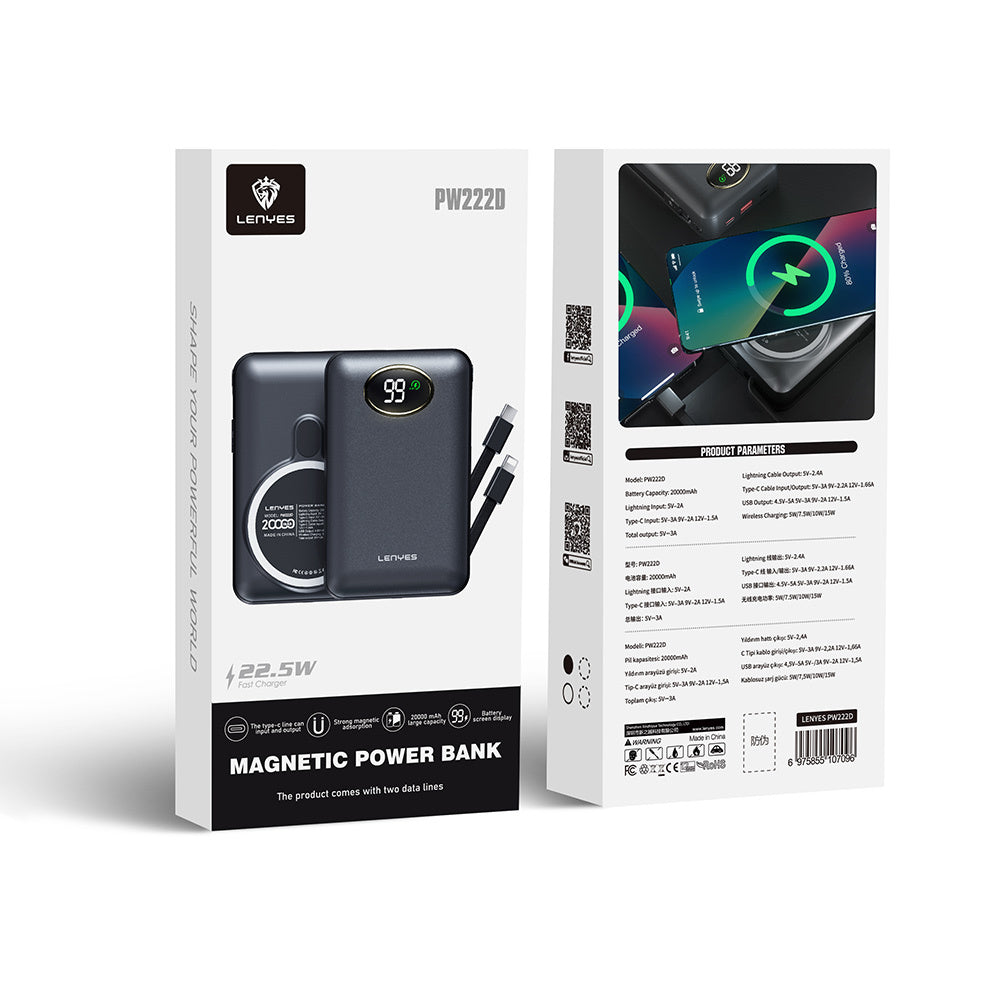 Lenyes PW222D Dijital LED Göstergeli Type-C ve Lightning Kablolu/Kablosuz Powerbank 18W 20.000mAh