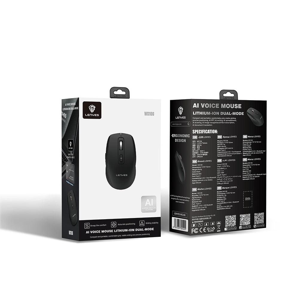 Lenyes WS106 Yapay Zeka Destekli Ergonomik Çift Bluetooth Bağlantılı 2.4G Kablosuz Mouse 1200 DPI