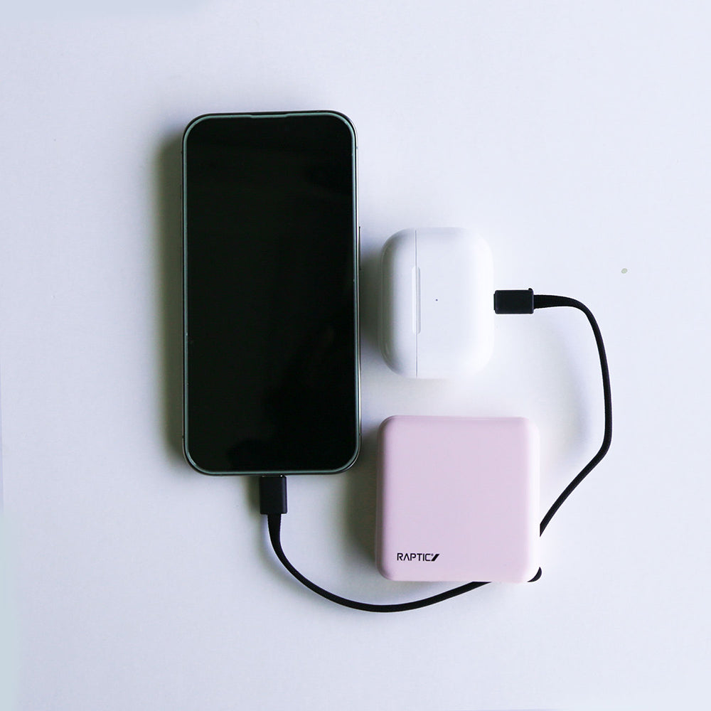 Raptic Lightning ve Type-C Kablolu Dijital LED Göstergeli Askılı 5000mAh Kompakt ve Taşınabilir Tasarım Powerbank