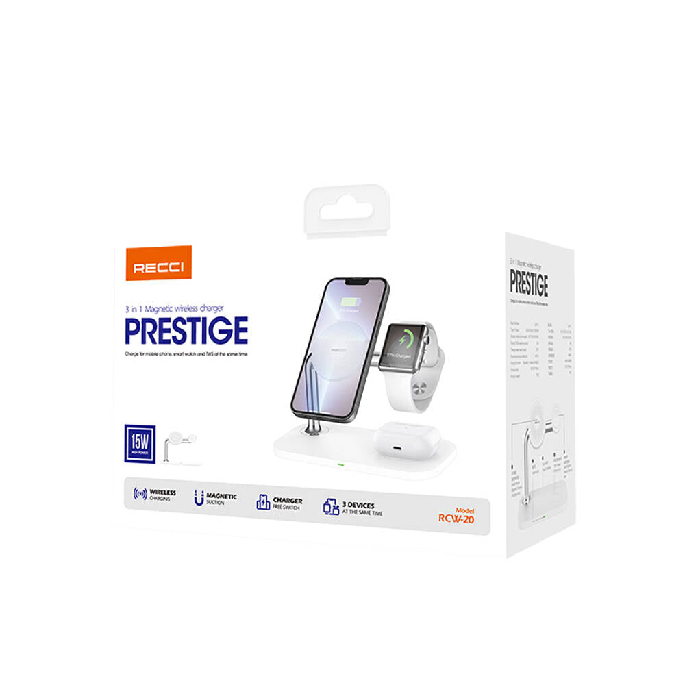 Recci RCW-20 Prestige Serisi 3in1 M-safe 15W Hızlı Şarj Özellikli Magnetik Kablosuz Şarj Standı