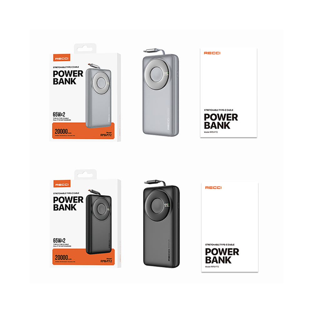Recci RPB-P72 Hızlı Şarj Özellikli Type-C Kablolu 65W 20.000mAh Powerbank