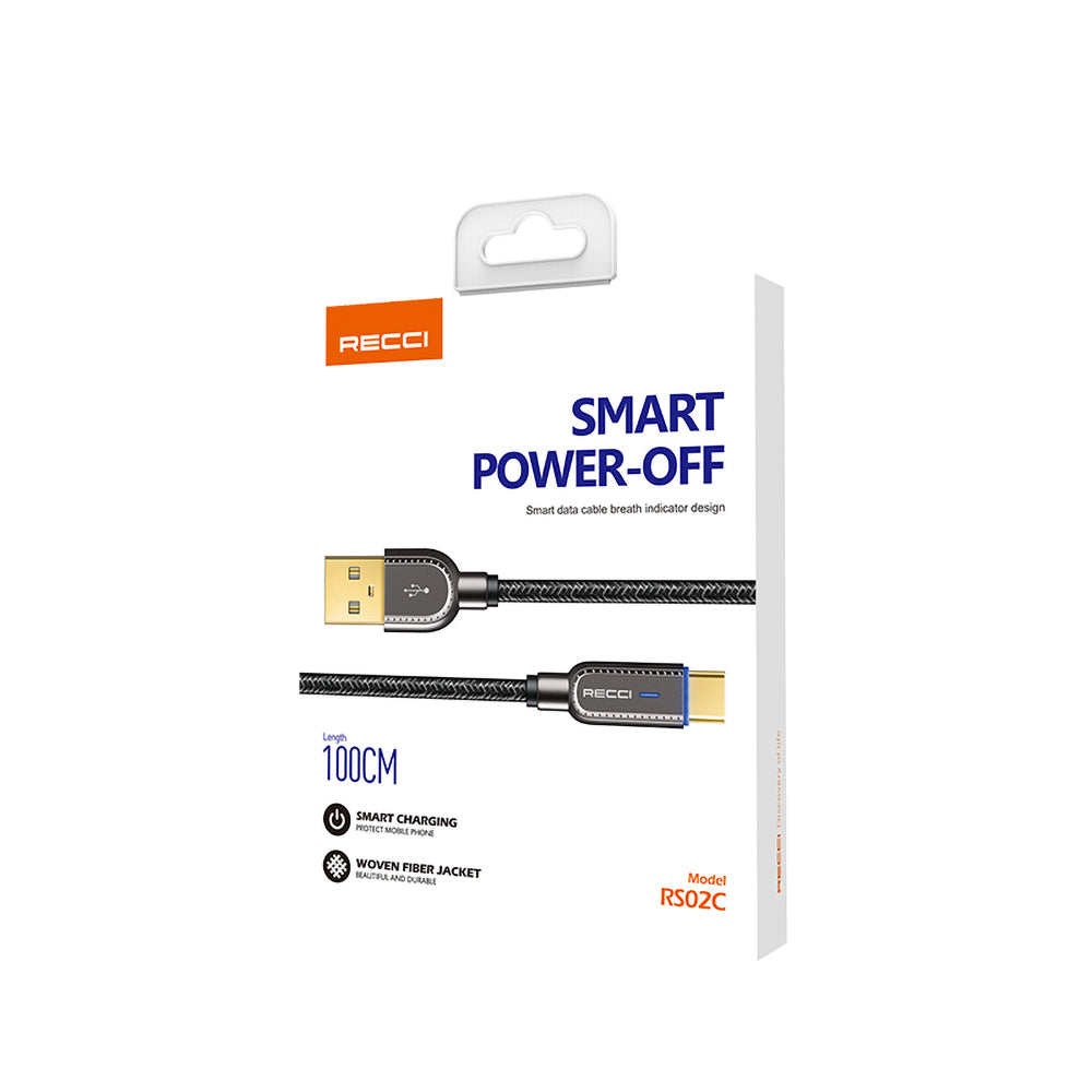 Recci RS02C Smart Power-Off Serisi Hızlı Şarj Özellikli USB-A To Type-C  1 Metre Şarj Kablosu