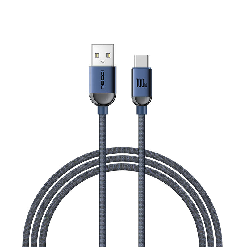 Recci RS09C Crystal Serisi 100W Hızlı Şarj Özellikli USB-A To Type-C 1.2 Metre Şarj Kablosu