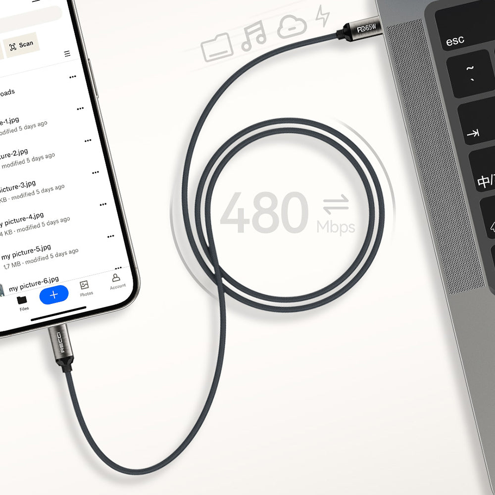 Recci RS35CC Type-C to Type-C PD 65W Örgü Tasarımlı Hızlı Şarj Özellikli 1 Metre Data ve Şarj Kablosu