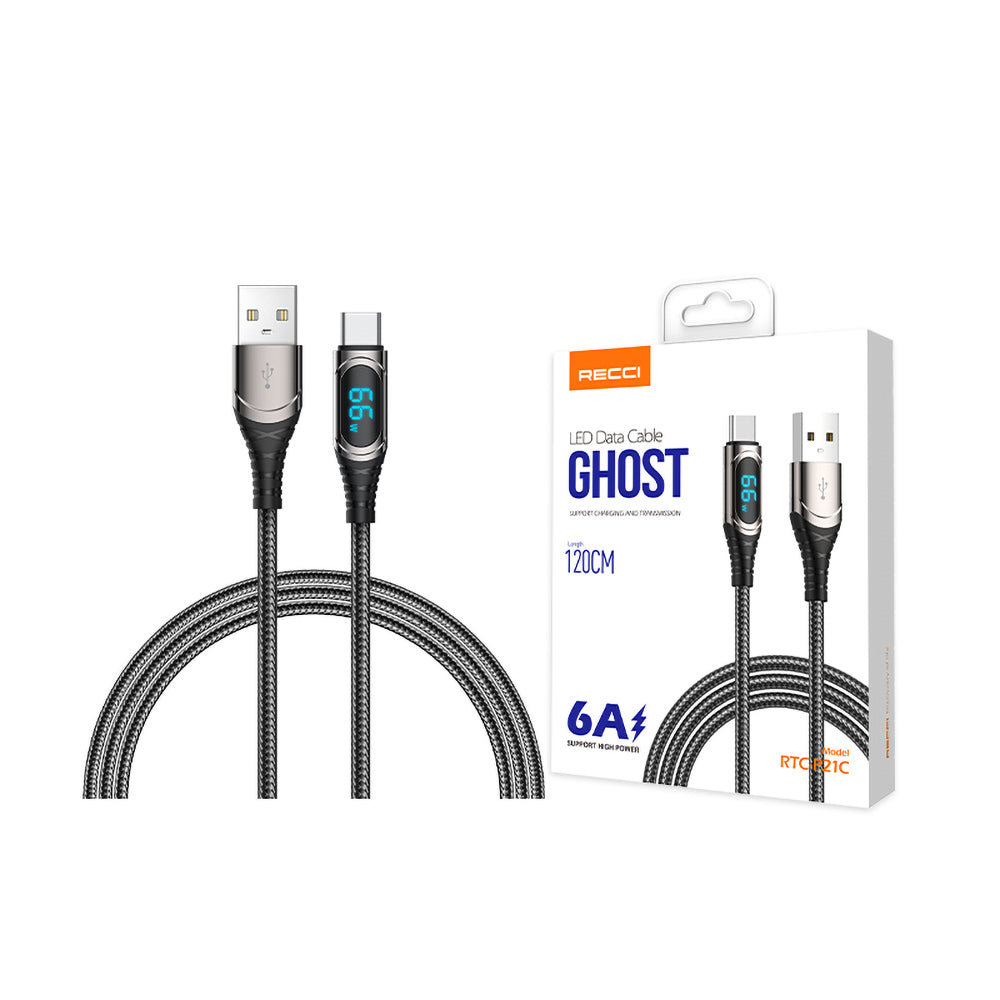 Recci RTC-P21C Ghost Serisi 66W 6A Hızlı Şarj Özellikli USB-A To Type-C  1.2 Metre Şarj Kablosu
