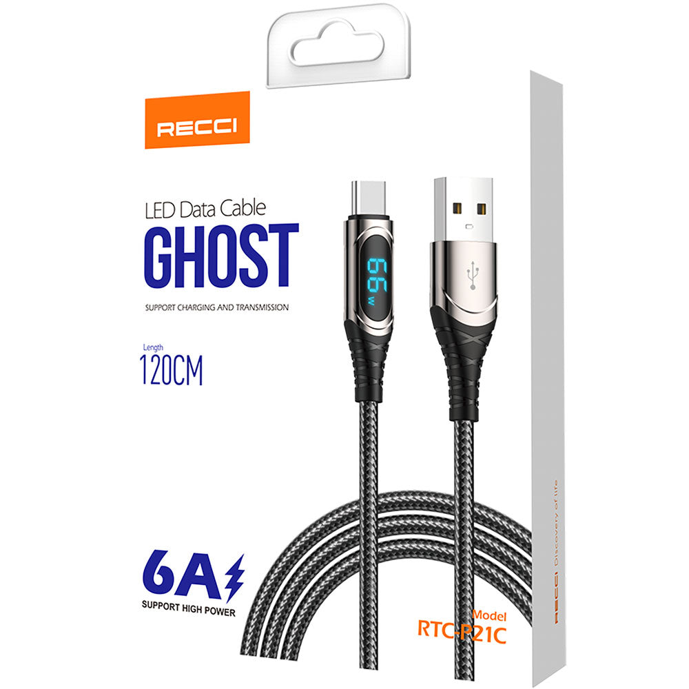 Recci RTC-P21C Ghost Serisi 66W 6A Hızlı Şarj Özellikli USB-A To Type-C  1.2 Metre Şarj Kablosu