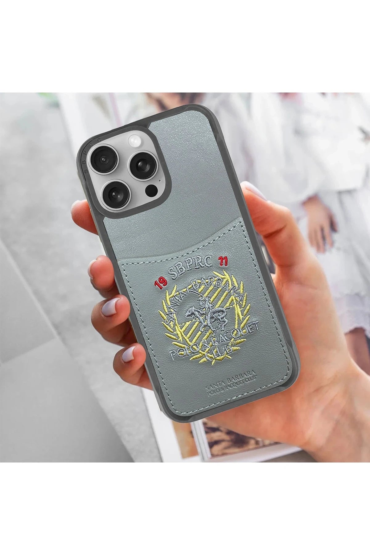 Santa Barbara Polo Racquet Club iPhone 16 Pro Max Abner İçi Süet Nakış Desenli Kartvizitli Kılıf