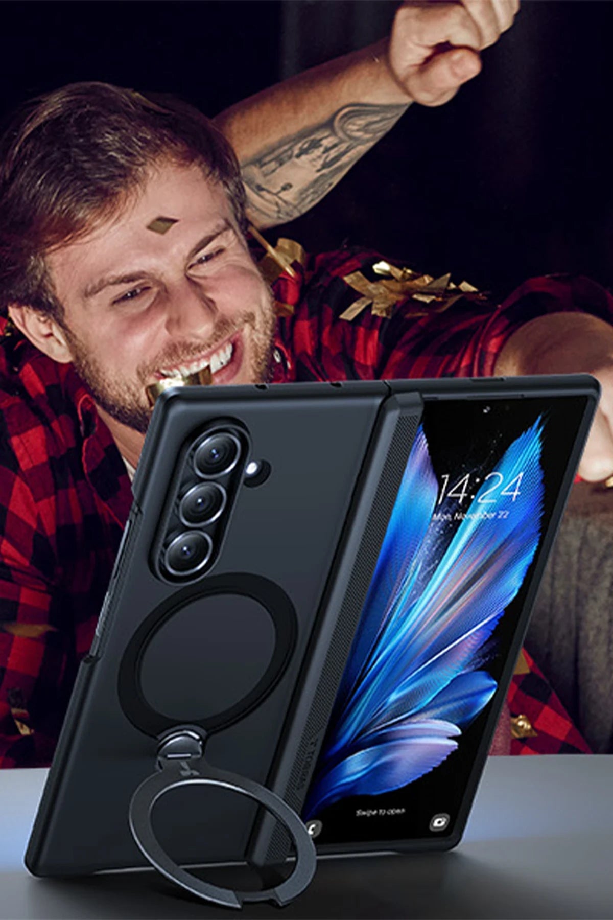 Torras O Stand Spin Serisi Samsung Galaxy Z Fold 7 Magsafe Telefon Kılıfı + 2 Adet Ekran Koruyuculu