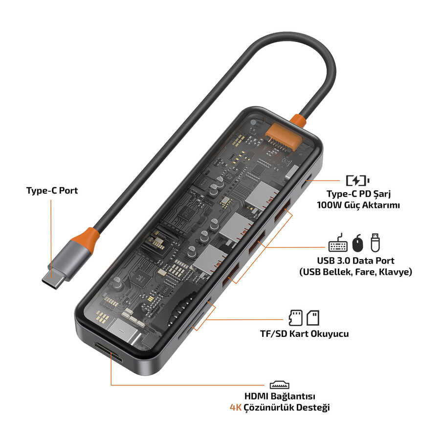 Wiwu CB007 Cyber 7 in 1 Type-C Hub 100W Şarj Destekli SD Kart-HDMI-USB Çoğaltıcı - 4