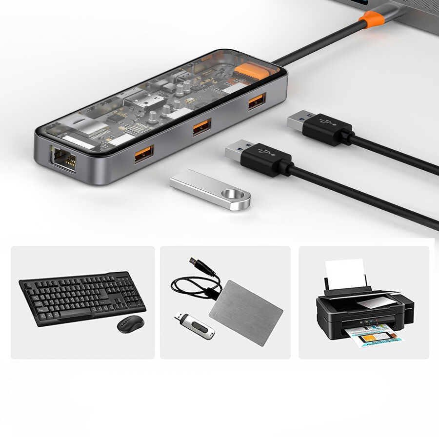 Wiwu CB008 Cyber 8 in 1 Type-C Hub 100W Şarj Destekli Şeffaf Görünümlü SD Kart-RJ45-Hdmi-Usb Çoğaltıcı - 4