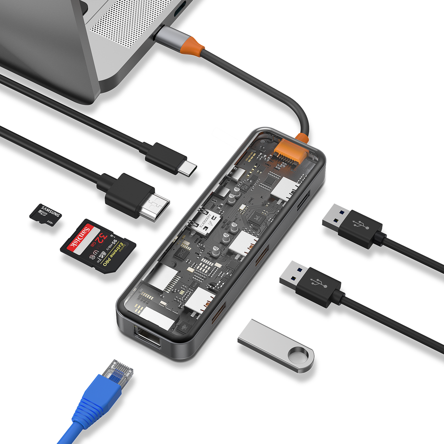 Wiwu CB008 Cyber 8 in 1 Type-C Hub 100W Şarj Destekli Şeffaf Görünümlü SD Kart-RJ45-Hdmi-Usb Çoğaltıcı - 3