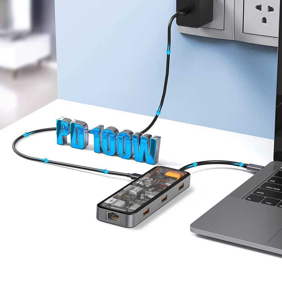 Wiwu CB008 Cyber 8 in 1 Type-C Hub 100W Şarj Destekli Şeffaf Görünümlü SD Kart-RJ45-Hdmi-Usb Çoğaltıcı - 5