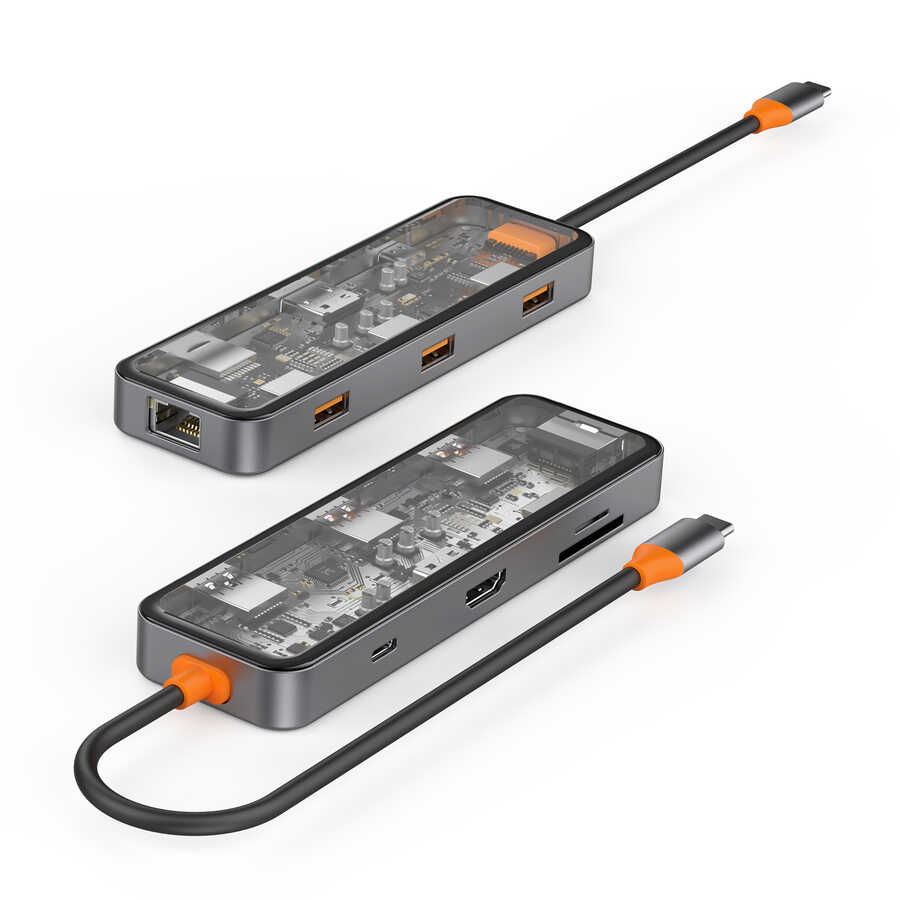 Wiwu CB008 Cyber 8 in 1 Type-C Hub 100W Şarj Destekli Şeffaf Görünümlü SD Kart-RJ45-Hdmi-Usb Çoğaltıcı - 6