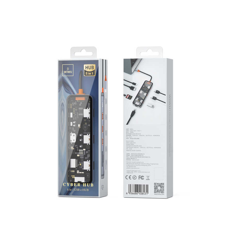 Wiwu CB008 Cyber 8 in 1 Type-C Hub 100W Şarj Destekli Şeffaf Görünümlü SD Kart-RJ45-Hdmi-Usb Çoğaltıcı - 7