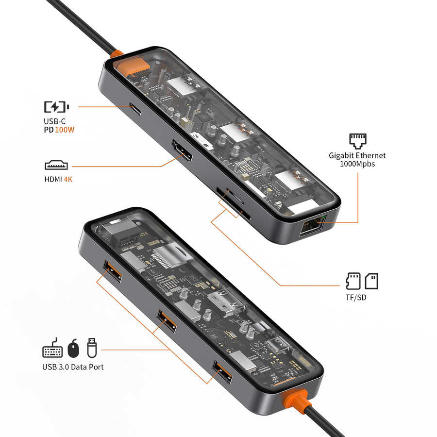 Wiwu CB008 Cyber 8 in 1 Type-C Hub 100W Şarj Destekli Şeffaf Görünümlü SD Kart-RJ45-Hdmi-Usb Çoğaltıcı - 1
