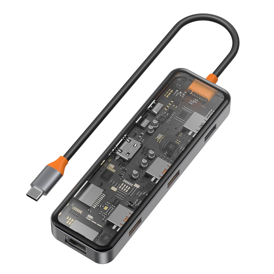 Wiwu CB008 Cyber 8 in 1 Type-C Hub 100W Şarj Destekli Şeffaf Görünümlü SD Kart-RJ45-Hdmi-Usb Çoğaltıcı - 8