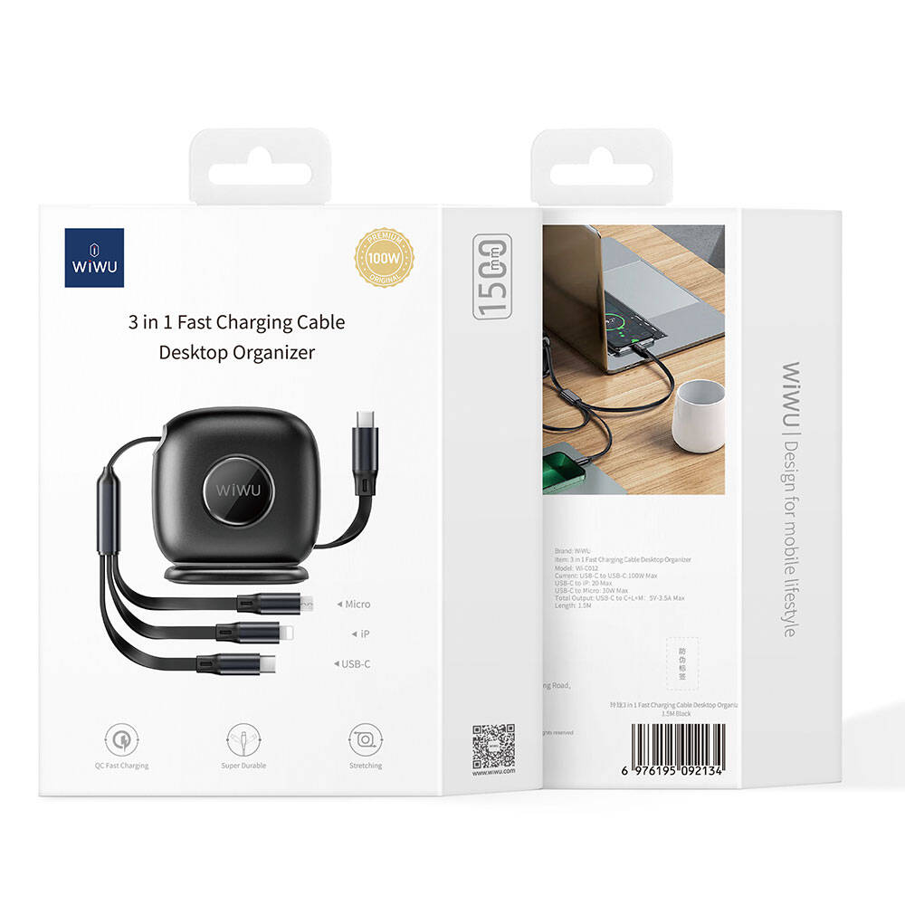 Wiwu Wi-C012 Masaüstü Düzenleyicili Type-C to C+Lightning+Micro Hızlı Şarj Kablosu 1.2M