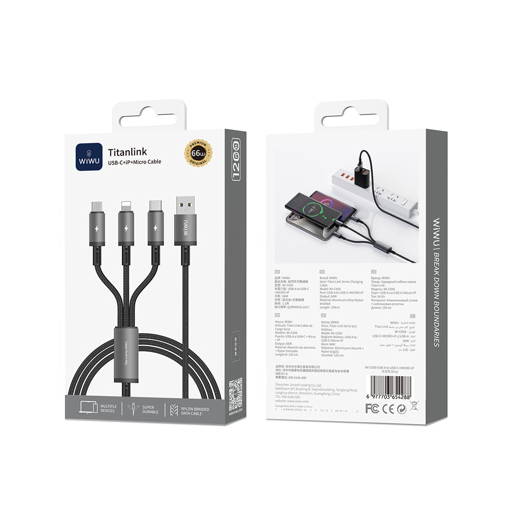 Wiwu Wi-C059 Titanlink Serisi 3in1 USB-A to Lightning – Type-C – Micro Örgülü 66W 1.2m Şarj ve Data Kablosu