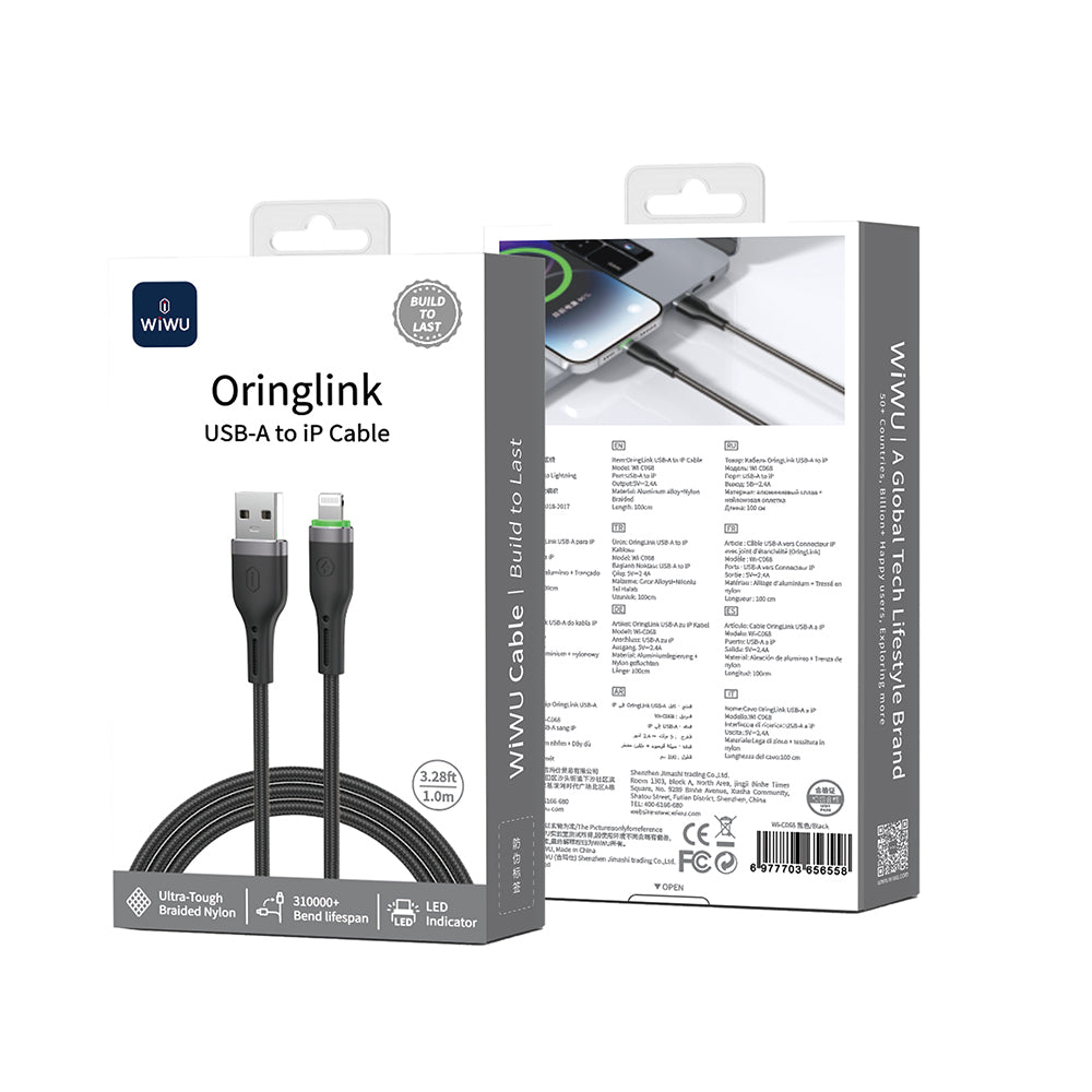 Wiwu Wi-C068 Orginlink Serisi LED Göstergeli USB-A to Lightning Hızlı Şarj Özellikli Data ve Şarj Kablosu 1M
