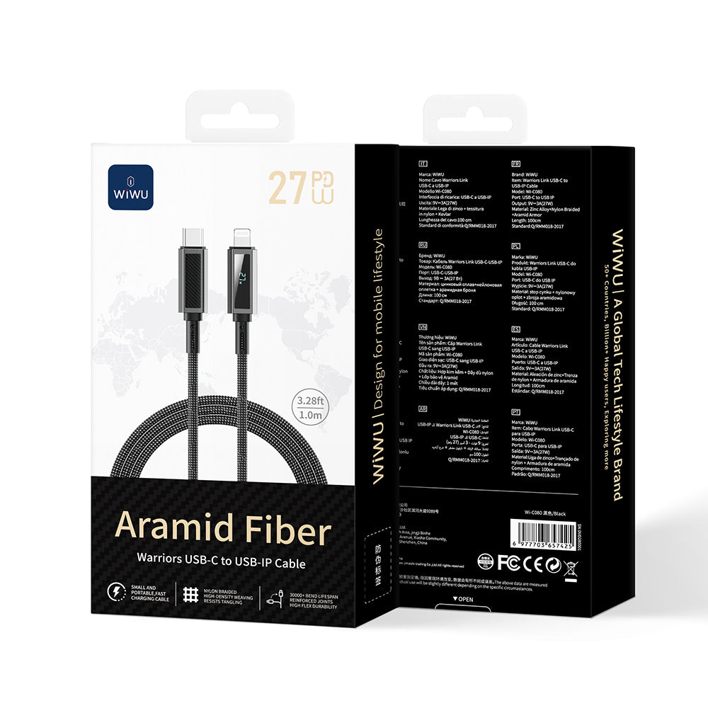 Wiwu Wi-C080 Warriors Serisi Aramid Fiber Dijital LED Göstergeli Type-C to Lightning PD Data ve Şarj Kablosu 27W 1M
