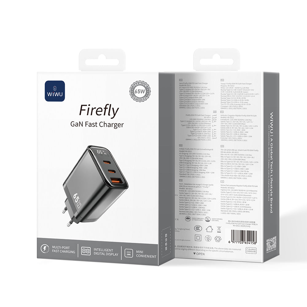 Wiwu Wi-G012 Firefly Serisi Dual Type-C PD & USB-A GaN Teknolojili 65W Hızlı Şarj Başlığı