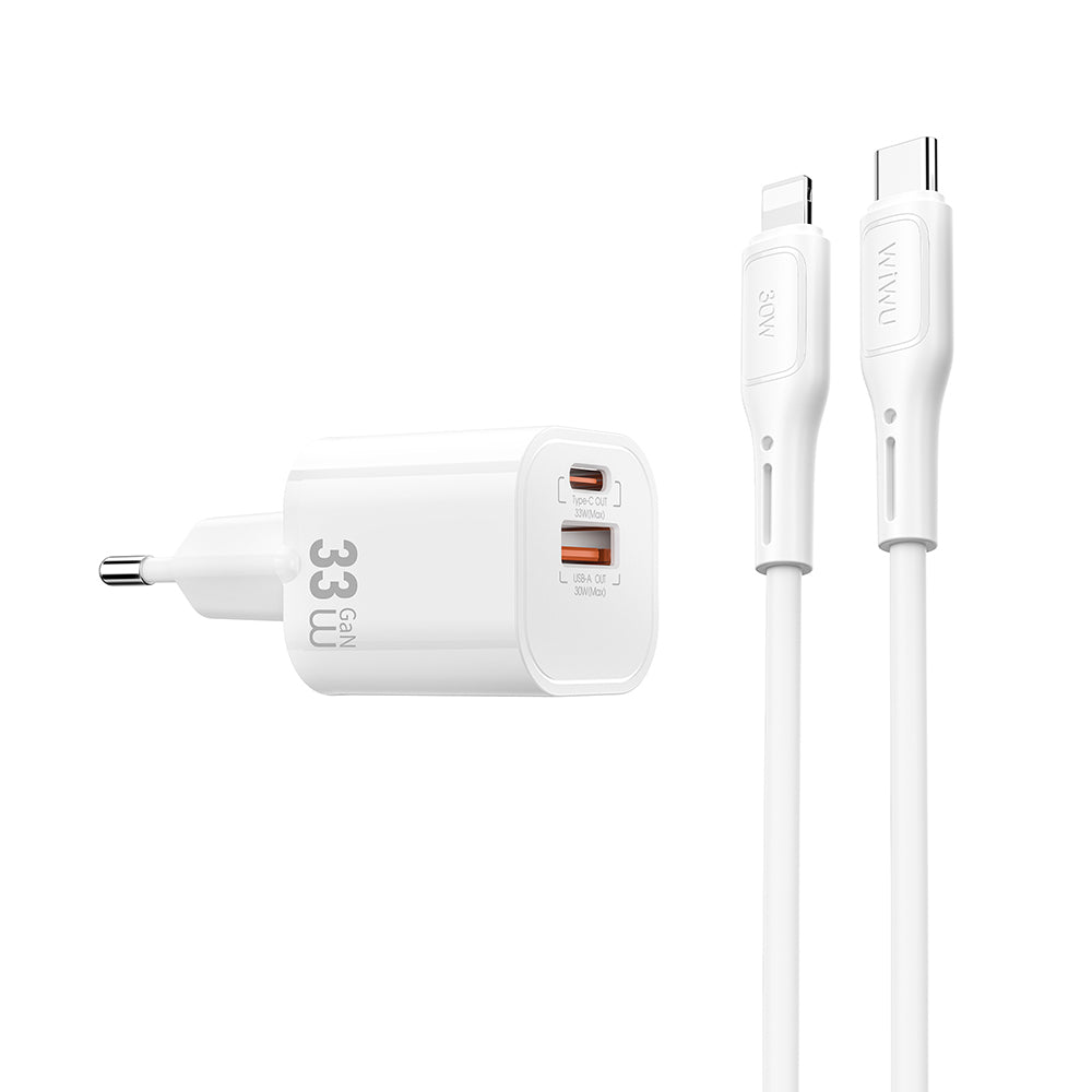 Wiwu Wi-G018 Cube Serisi Type-C to Lightning GaN Tech PD 33W Hızlı Şarj Özellikli Kablolu Şarj Seti