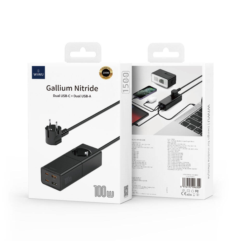 Wiwu Wi-S004 GaN Tech Çift Type-C ve Çift USB-A Girişli 100W 150cm Priz