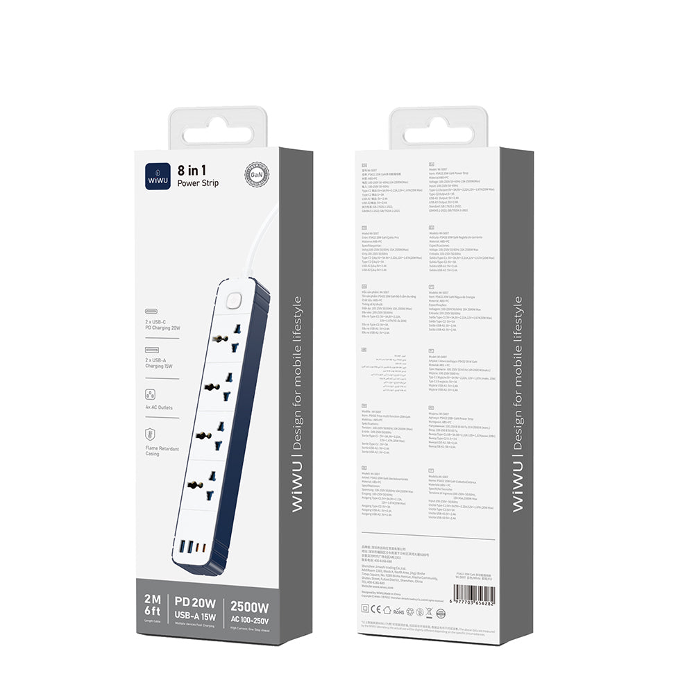 Wiwu Wi-S007 20W GaN Tech Power Strip 8 in 1 Çoklu Priz 2 Metre