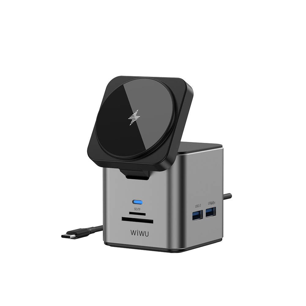 Wiwu Wi-W025 9in1 M-safe Kablosuz Şarj Özellikli Type-C Hub PD 100W USB 3.0 SD/TF HDMI RJ45