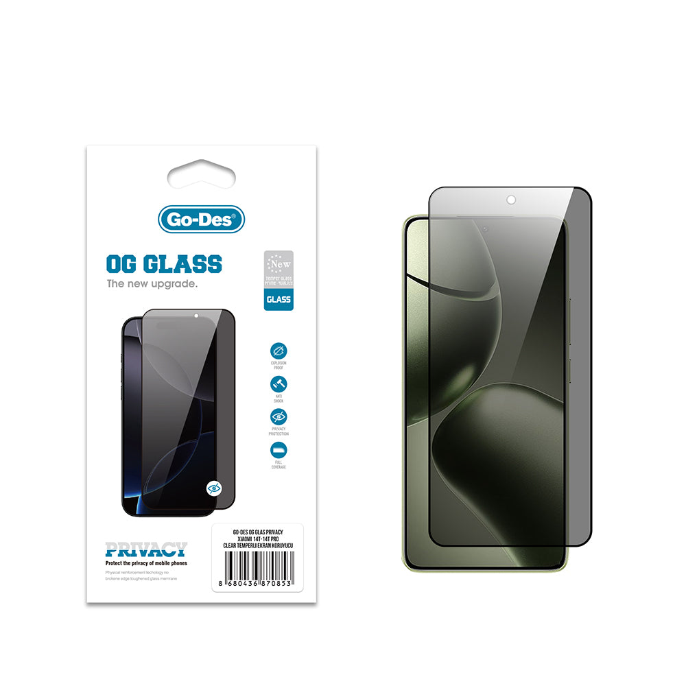 Go Des Xiaomi 14T Pro OG Glass Privacy Antistatik Temperli Cam Ekran Koruyucu
