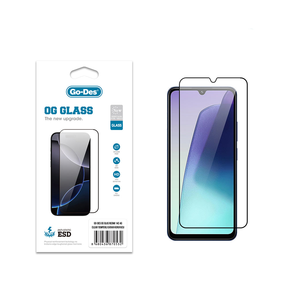Go Des Xiaomi Redmi 14C 4G OG Glass Antistatik Temperli Cam Ekran Koruyucu