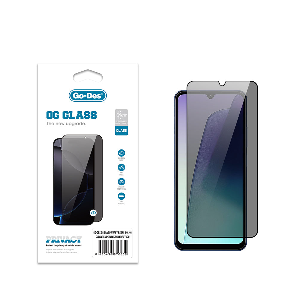 Go Des OG Glass Xiaomi Redmi 14C 4G Privacy Antistatik Temperli Cam Ekran Koruyucu