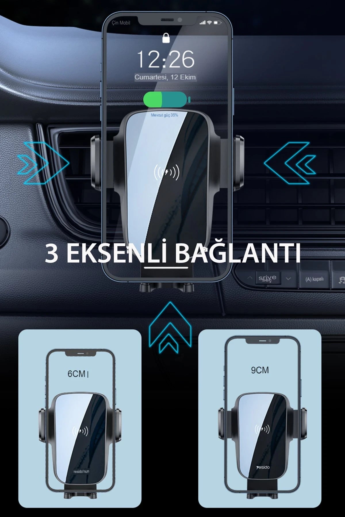 Yesido C186 Izgara Klipsli ve Vantuzlu 15W Kablosuz Şarjlı Araç Tutucu