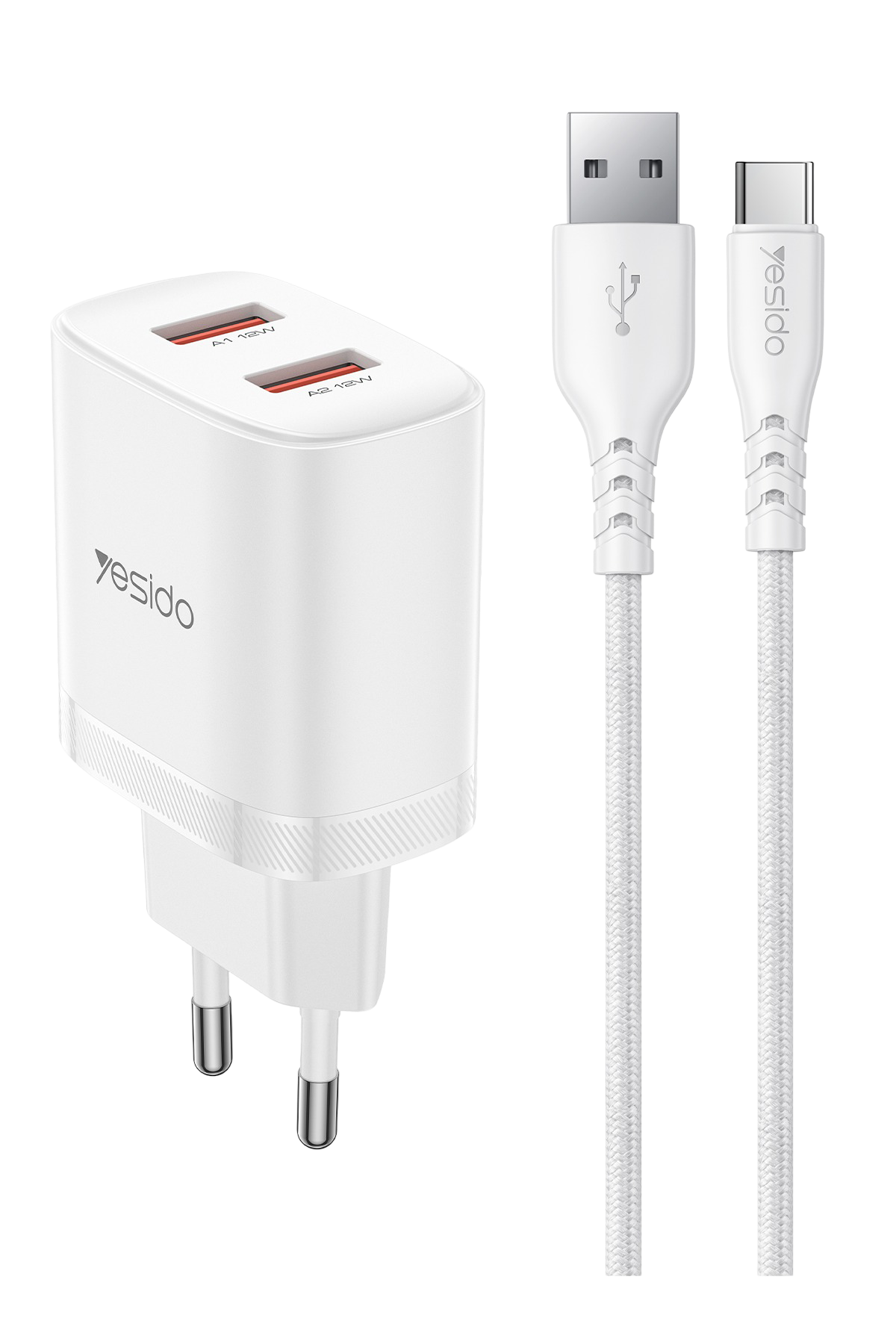 Yesido YC104 2.4A Çift USB-A Çıkışlı 1M USB-A to Type-C Kablolu Şarj Cihazı