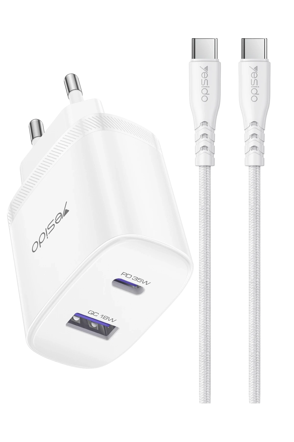 Yesido YC108 35W USB-A ve Type-C Çıkışlı ve 1M Type-C to Type-C Kablolu PD Şarj Cihazı