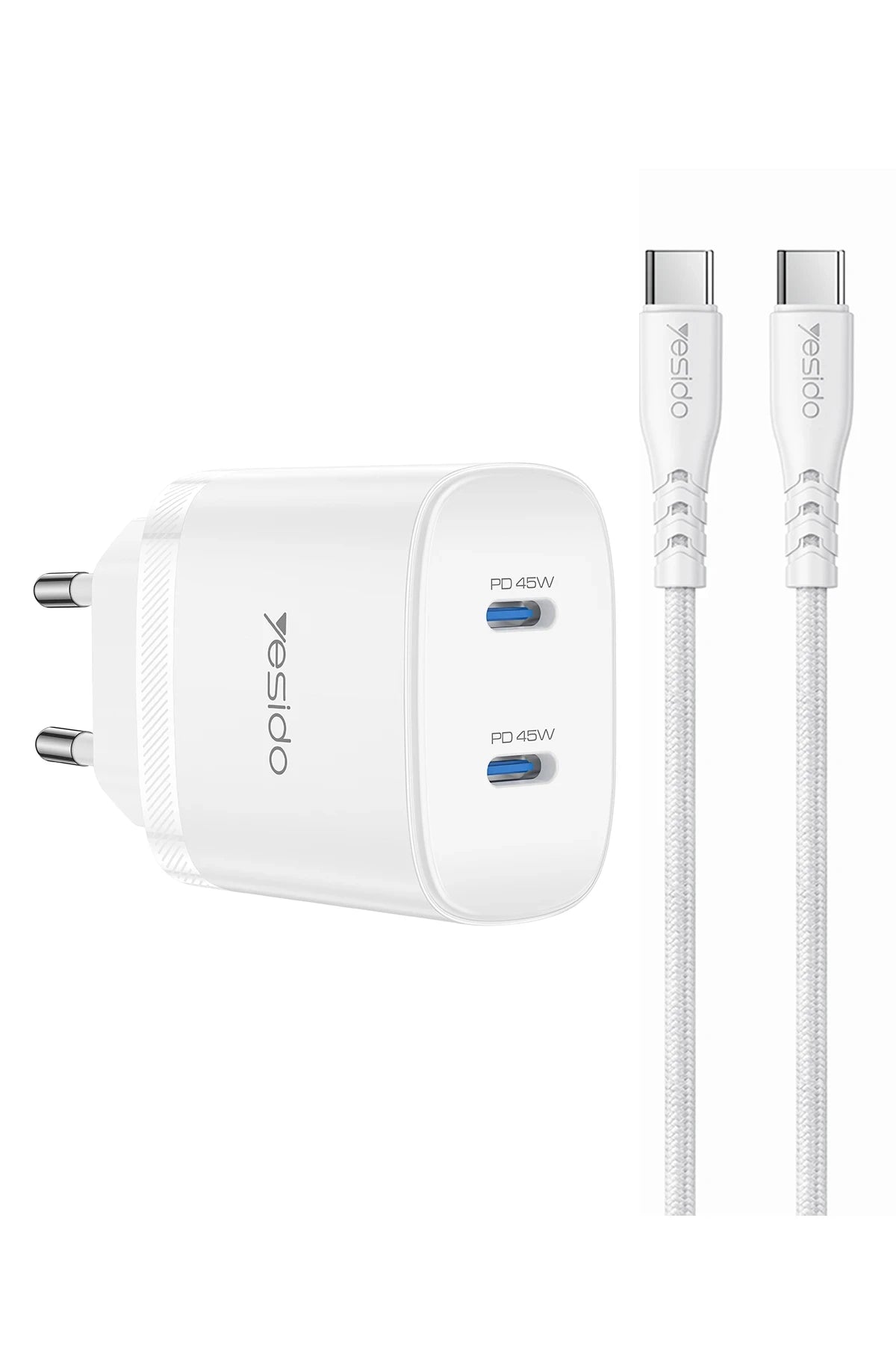 Yesido YC109 45W Çift Type-C Çıkışlı ve 1M Type-C to Type-C Kablolu PD Şarj Cihazı