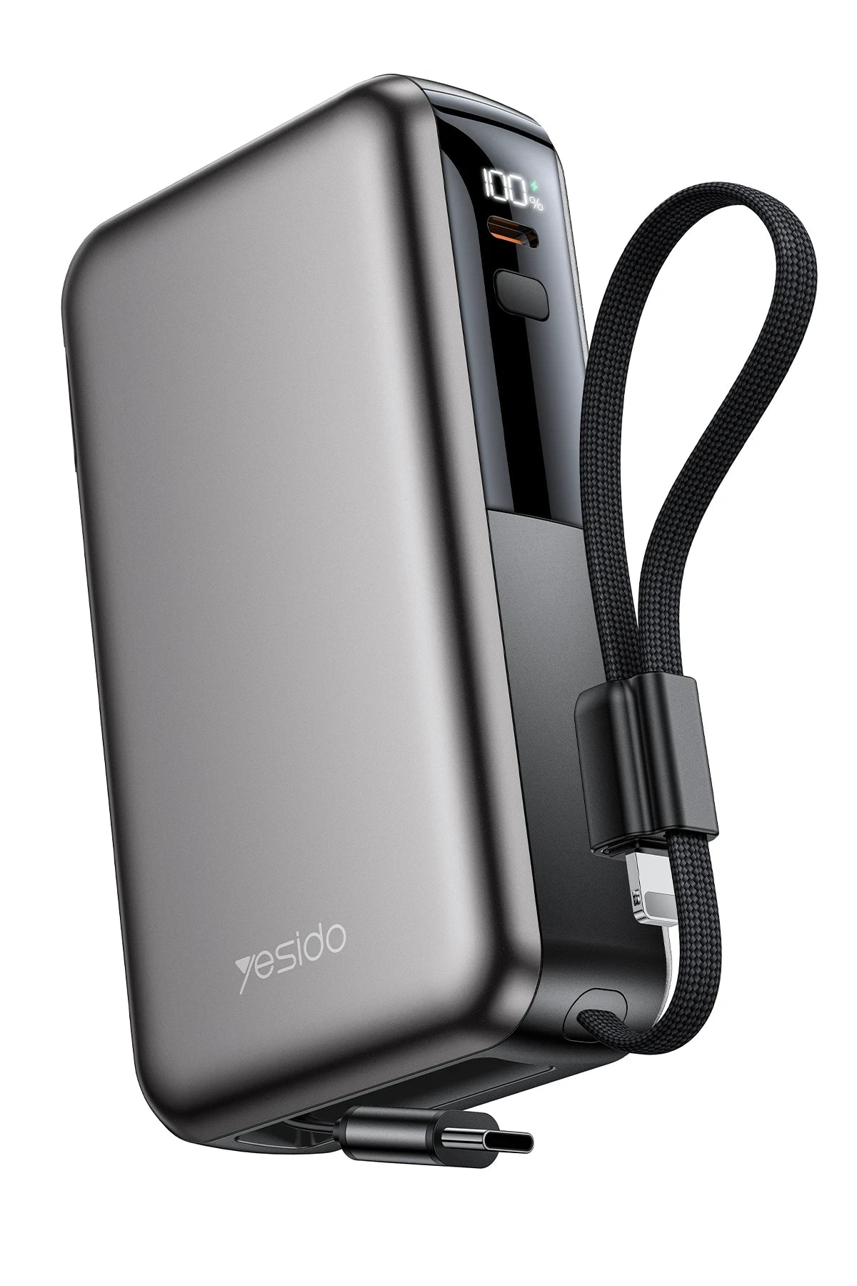 Yesido YP90E Dijital Göstergeli 10.000 mAh 22.5W PD Hızlı Şarj Destekli Makaralı Type C ve Lightning Kablolu 5in1 Powerbank